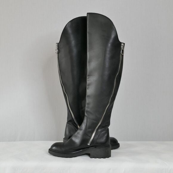 ASH Seven Black Leather Over-The-Knee Moto Boots Sz 37 US 7M 2 Zippers Lug Sole - Picture 2 of 10